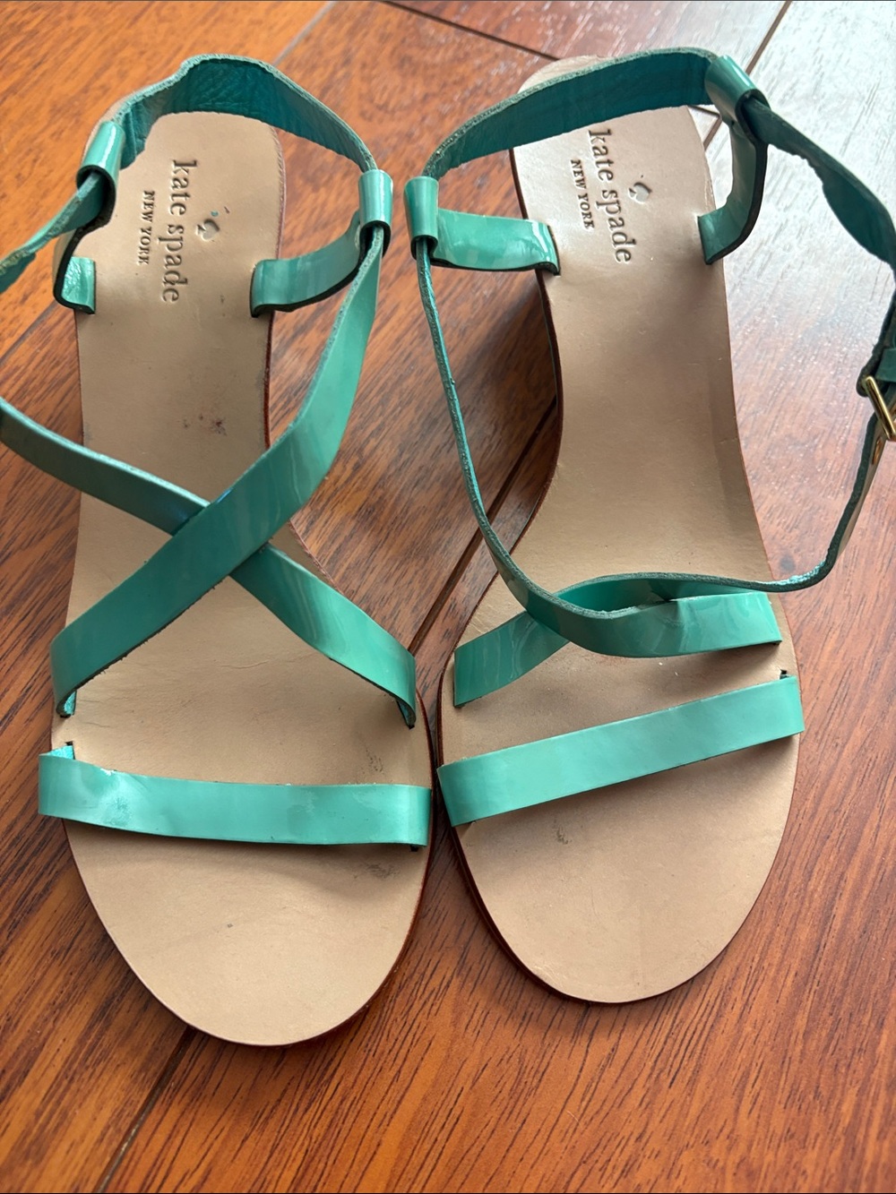 kate spade teal leather strappy wedge sandals